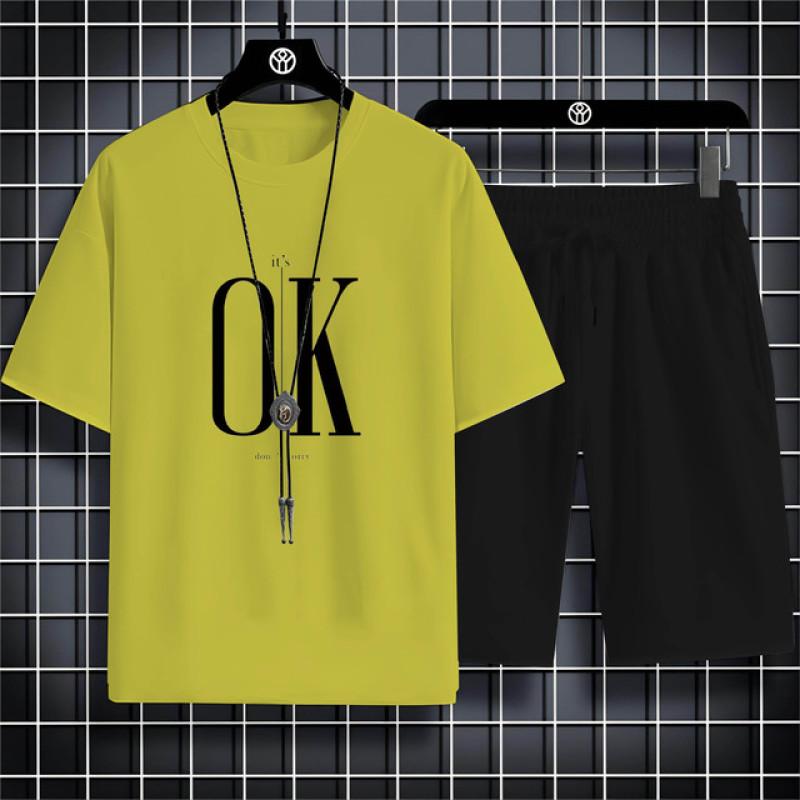 Summer Fashion Casual Sports Style Alphabet Ok Printed Men'S Round Neck Short Sleeve T-Shirt Drawstring Shorts Beach Suit