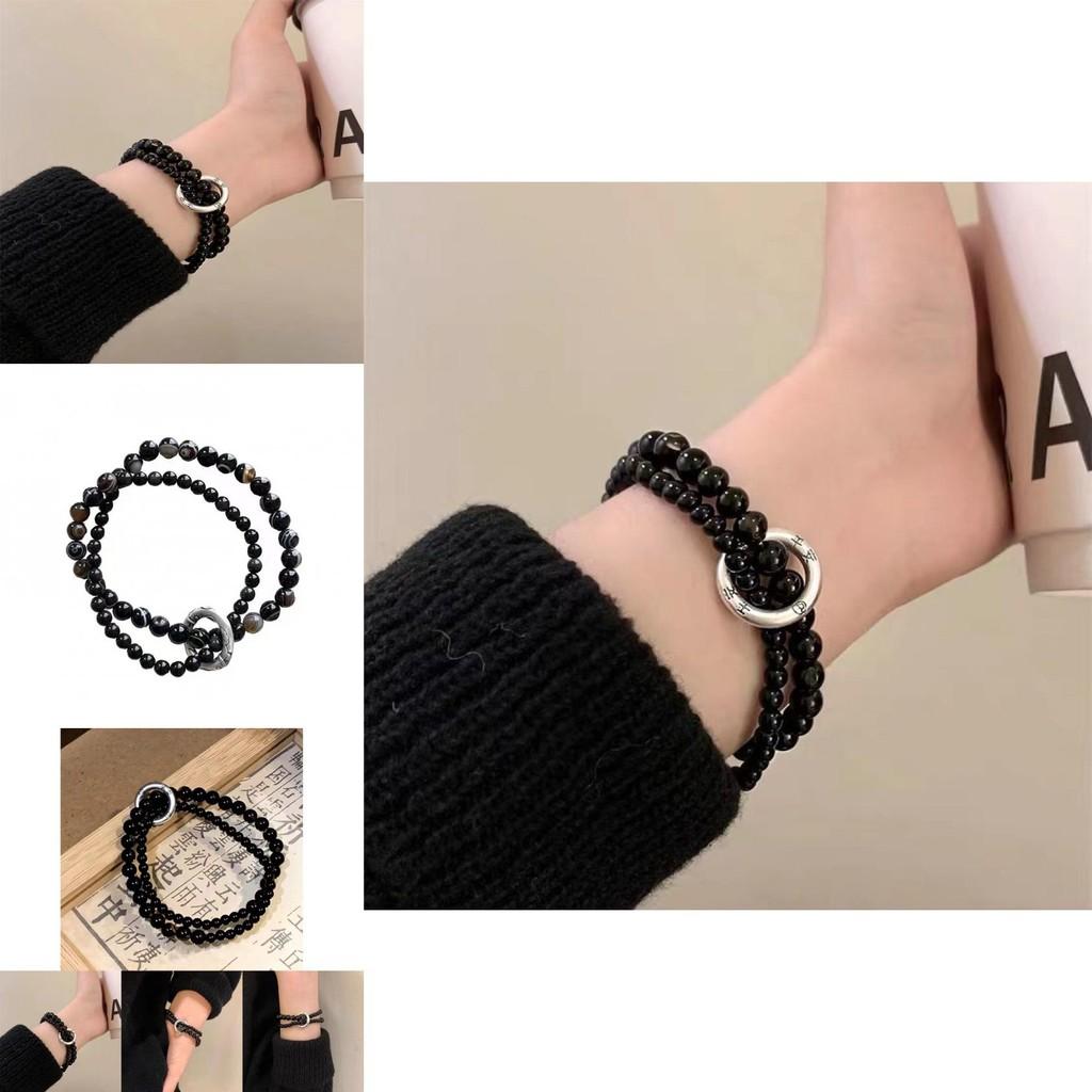 Elegant Black Beaded Bracelet For Men And Women With Handmade Alloy Double Circle Design