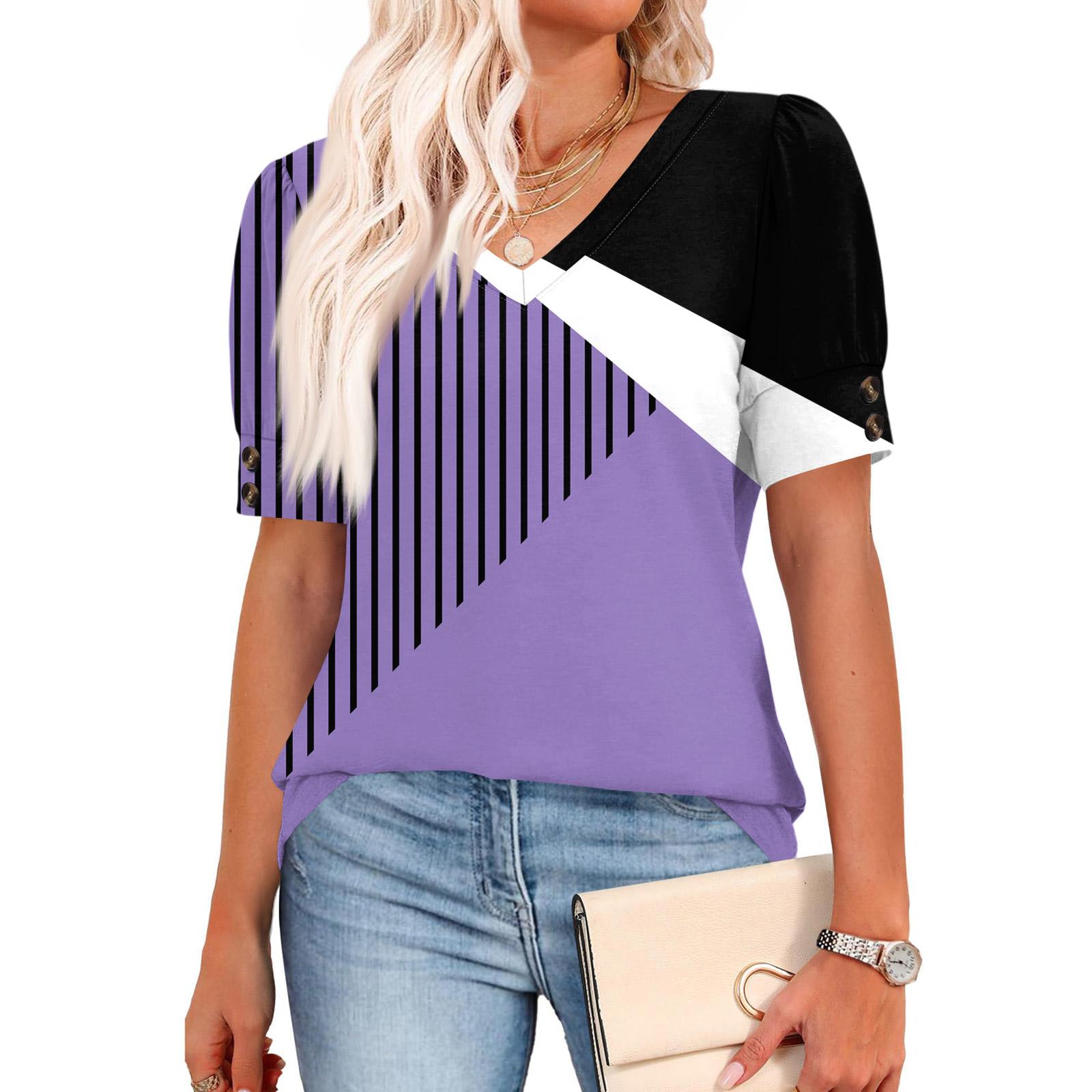 

Женские топы с коротким рукавом, рубашки на пуговицах, V-образный вырез, модные наряды, блузки, повседневные XL фиолетовый