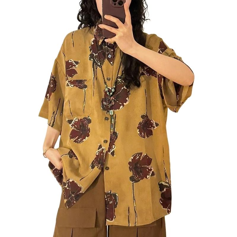 Women's Printed Short Sleeved Shirt Chinese Style Loose Retro Female's Shirts Single Breasted Woman Clothing with Pocket