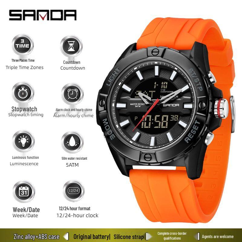 SANDA Multifunctional Outdoor Waterproof Watch with Three-Time Zone and Calendar Features for Students