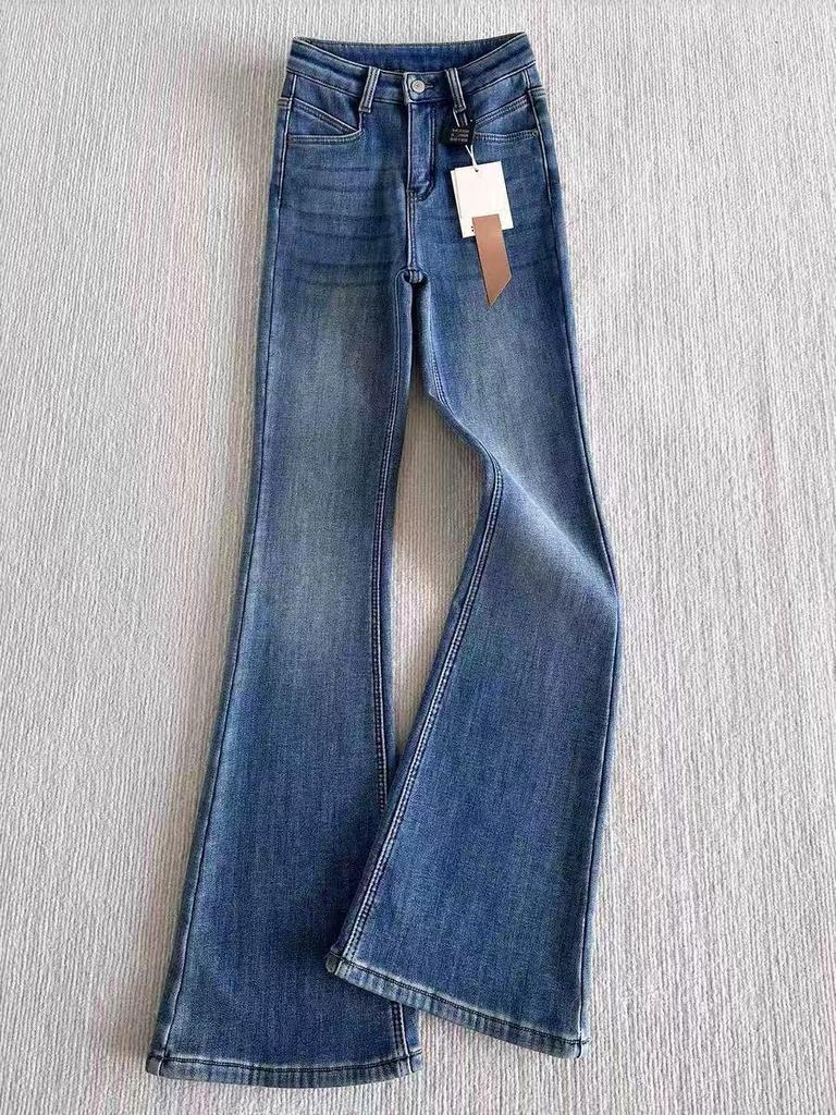 Women's Retro Elastic Micro-Flare Velvet Jeans - Plus Size, High Waist, Slimming Winter Pants