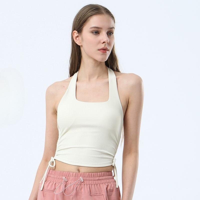 Women s Halter Neck Drawstring Side Yoga Tank Top Sleeveless Workout Crop Top with Chest Pad S
