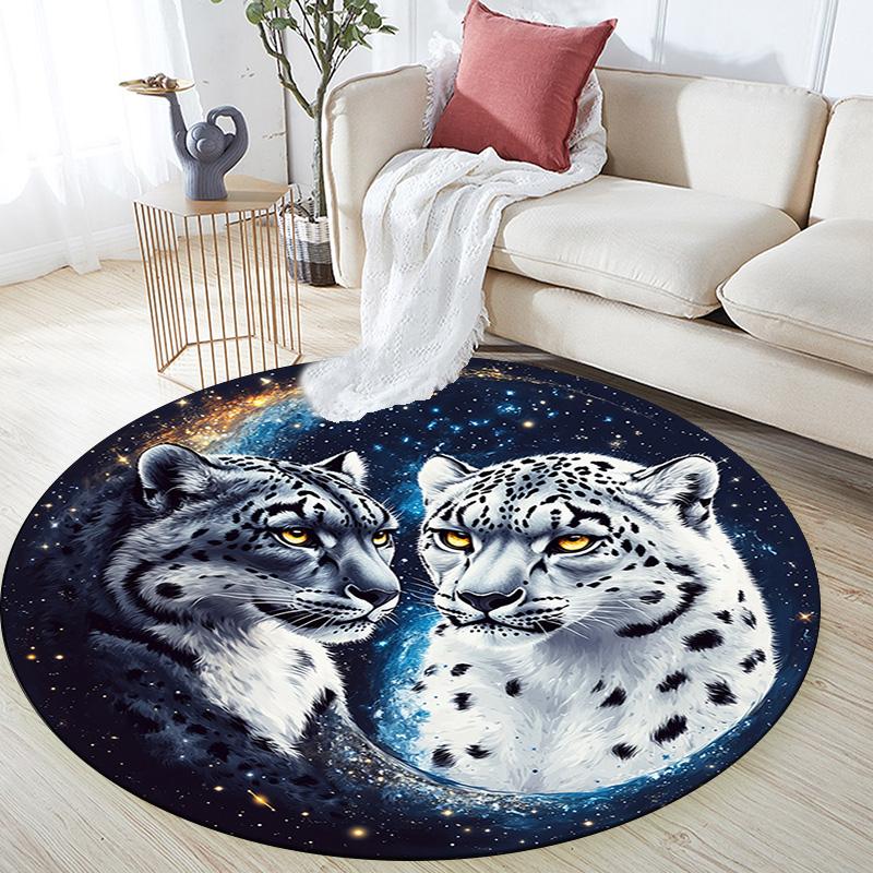 Snow Leopard Round Area Rug,Carpet Rug for Living Room Bedroom Sofa Playroom Decor,Non-slip Floor Mat
