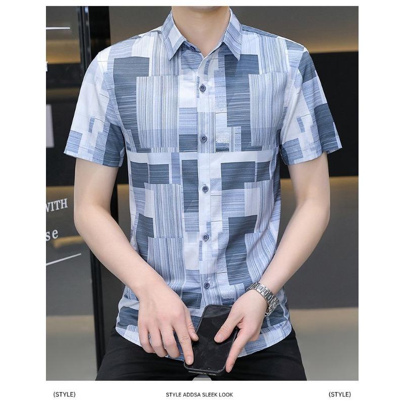 

Men Geometric Print Short Sleeve Shirt Casual Button Up Turn Down Collar Top M синий