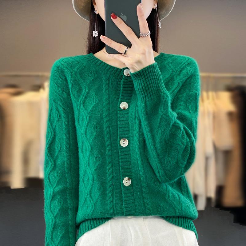 2023 Women's Cable Knit Wool Cardigan - 100% Pure, Loose Fit Autumn/Winter Outerwear