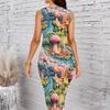 Women Plus Size Sleeveless Round Neck Midi Bodycon Dress Vertical Stripe And Bottom Floral Print Slim Fit Dress