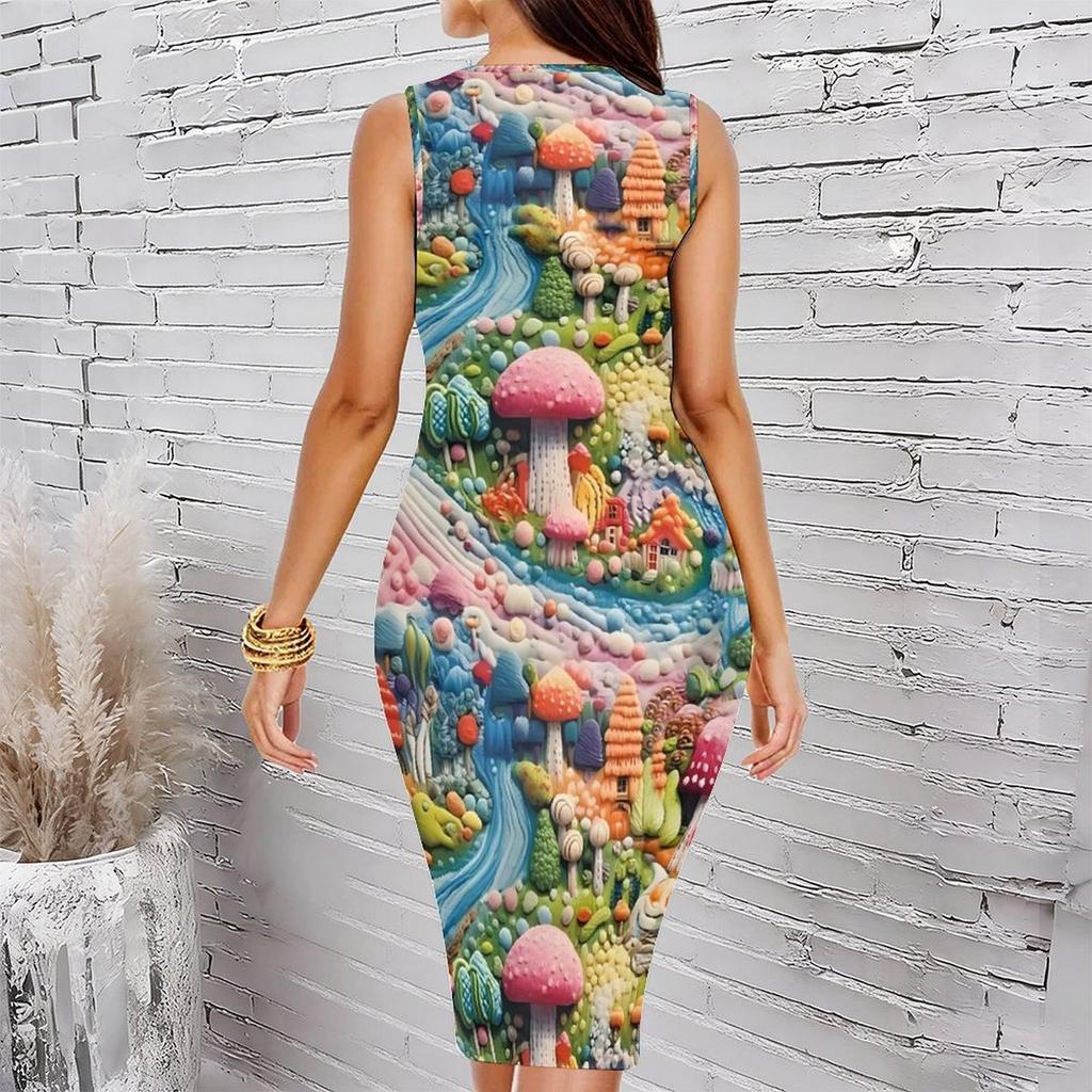 Women Plus Size Sleeveless Round Neck Midi Bodycon Dress Vertical Stripe And Bottom Floral Print Slim Fit Dress