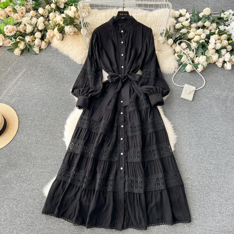 Luxury Party Dress for Women Long Lace Hollow Out Bandage Runway Patchwork Solid Lantern Sleeve Single Breasted Stand Dress