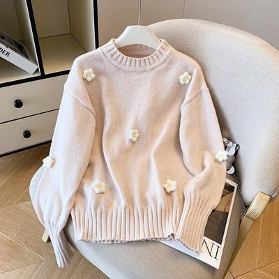 Autumn Stylish and Comfortable Flower-decorated Knitted Pullover Crew Neck Sweater