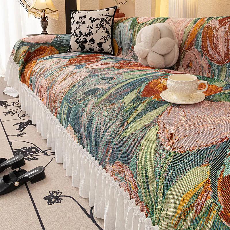 Nordic Pastoral Sofa Towel with Skirt Edge All Inclusive Non Slip Couch Cushion for Living Room All-Season Printed Sofa Blanket