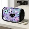 1pc Portable Flip-Top Halloween Themed Pencil Case with Double-Layer Zipper, Gothic Floral Skull Heart Purple Design, Large Capacity Thickened Oxford 