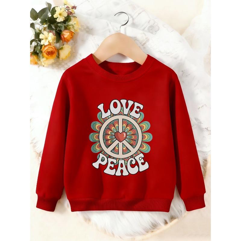 Unisex Kids Crewneck Sweatshirt, Retro Love Peace Sign Floral Heart Print Pullover, Boys Girls Casual Sweatshirt For Kids Over 4 Years Old