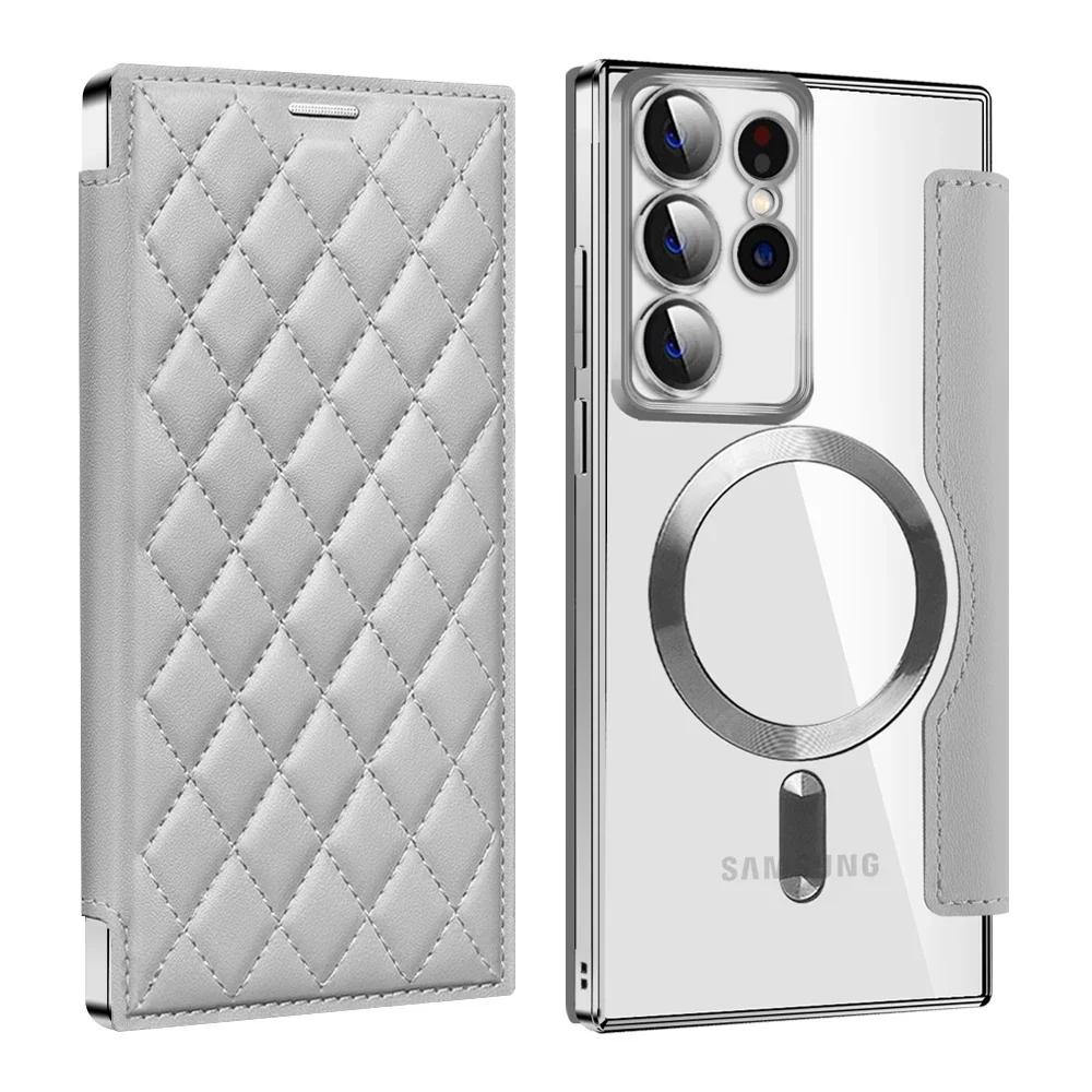 Magnetic Leather Card Holder Shell for Samsung Galaxy S26 Ultra Edge S25 S24 Wireless Charge Card Holder Shockproof Hard Cover