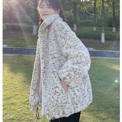 Leopard Print Leather Jacket Men's and Women's Clothing Couple Winter Coat Loose Jacket Imitation Rabbit Fur Plush Cotton Coat Thickened Large Size