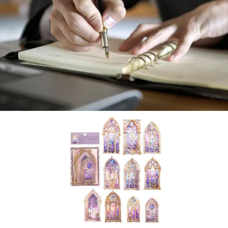 10PCS Holographic Scrapbook Sticker 3D PET Bright Color Window Design Easy Apply Aesthetic Sticker for Journal Notebook