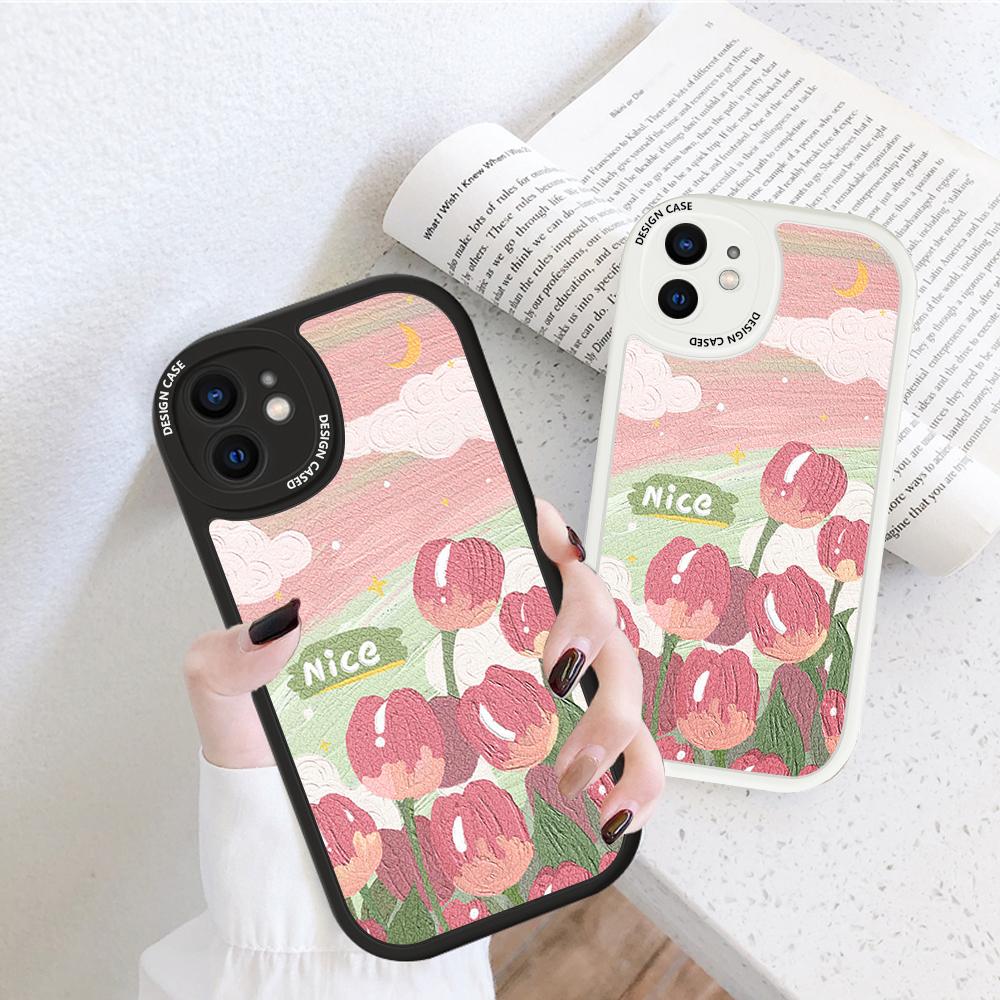 Slim Skin Feeling Cartoon Pink Flowers Soft Silicone PU Leather Cover Phone Case for iPhone Samsung Huawei Honor Xiaomi Redmi OPPO Realme Vivo