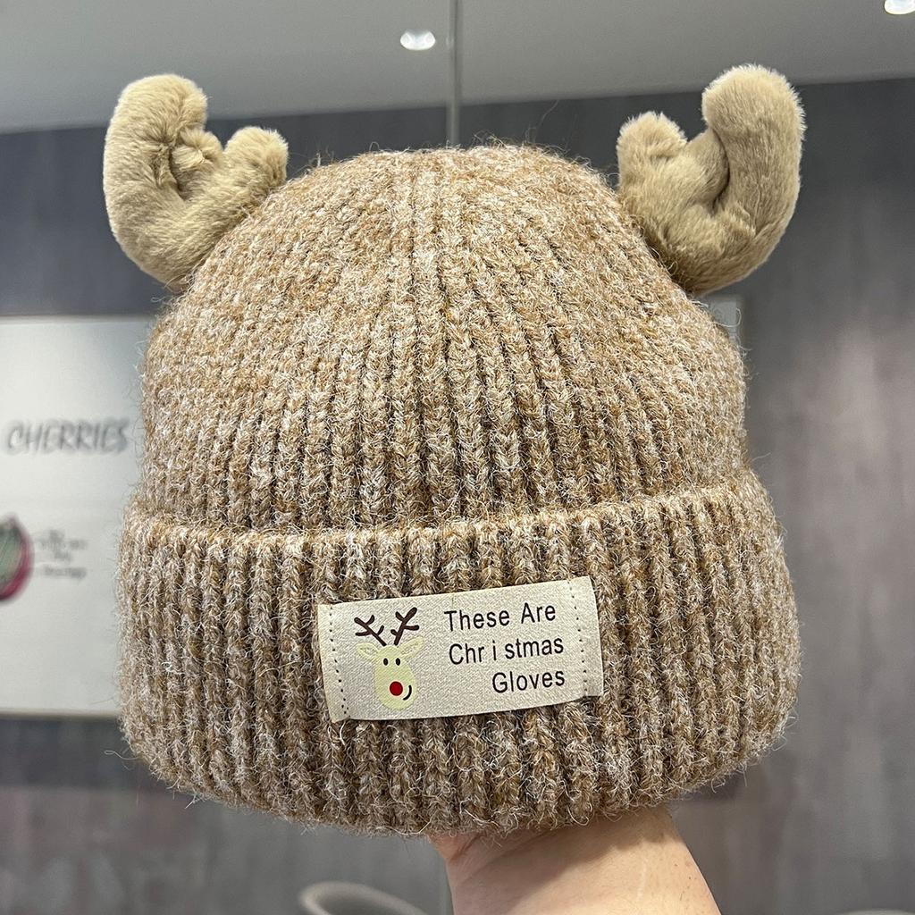 Sweet and cute antler patch letter knitted wool hat women's autumn and winter double-layer thickened cold-proof and warm bald hat