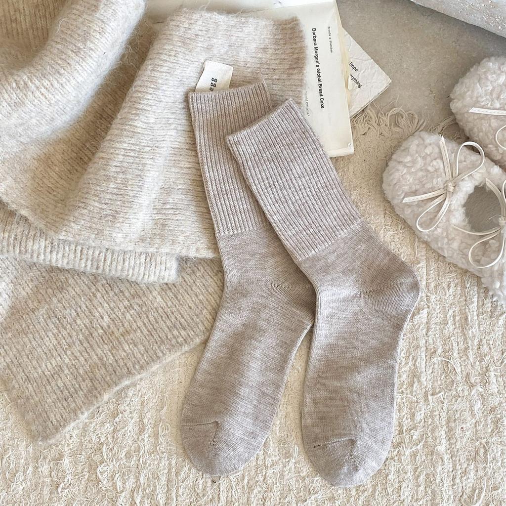 Female Autumn and Winter Style Warm Retro Solid Color All Match Pinstripe Wool Long Stack Socks