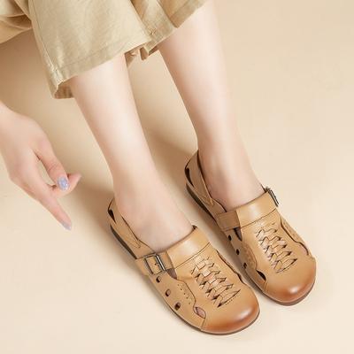 Summer New Flat Heel Beef Tendon Soft Sole Mother Sandals Hollow Breathable First Layer Cowhide Retro Hole Women's Shoes