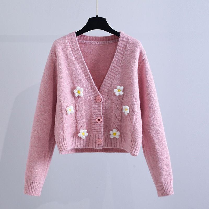 Handmade Chunky Knit Flower Cardigan for Women - Early Autumn Korean Style
