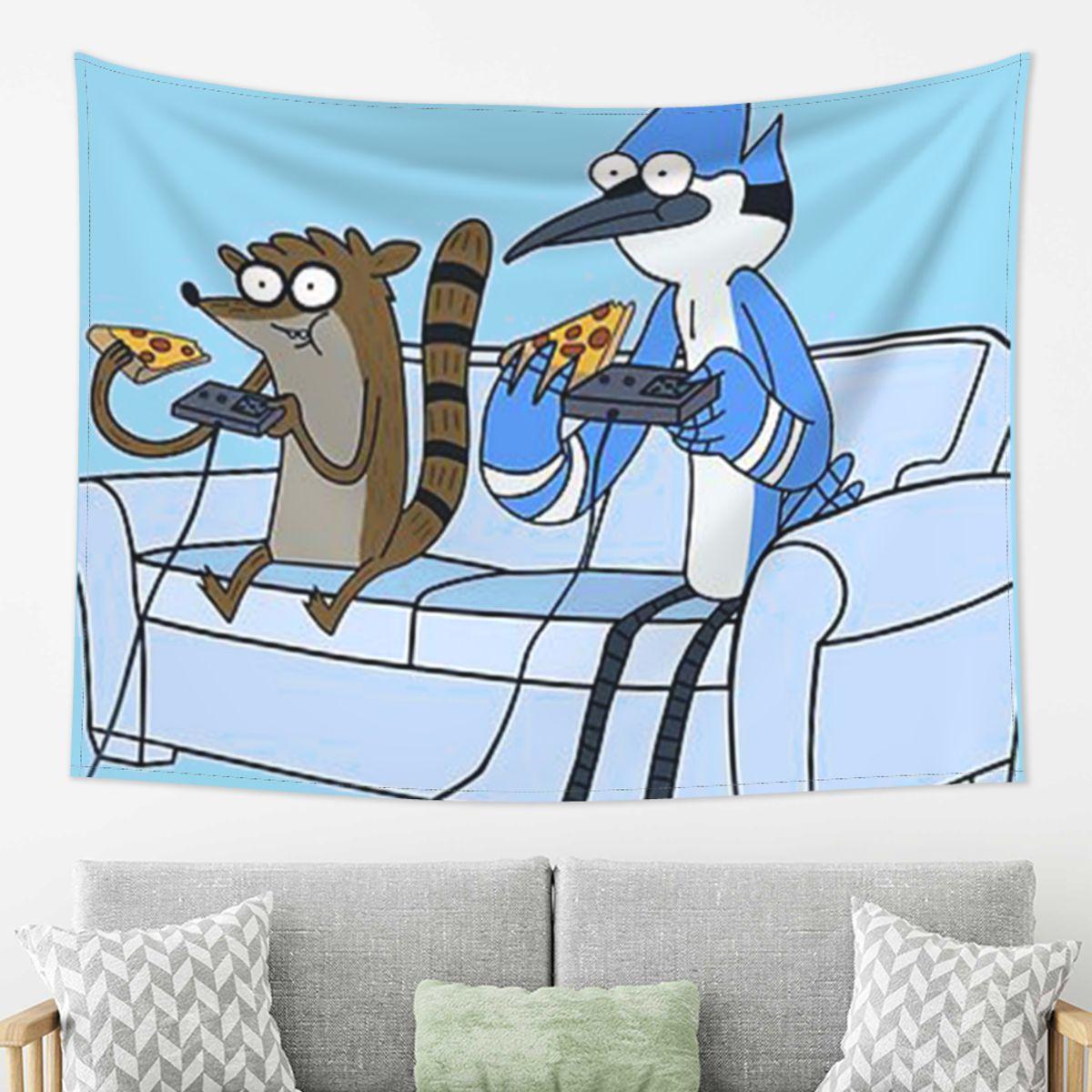 

Mordecai And Rigby Pizza And Video Games Tapestry Wall Hanging Aesthetic Home Decoration Tapestries for Living Room Bedroom 74x94cm(29x37in)