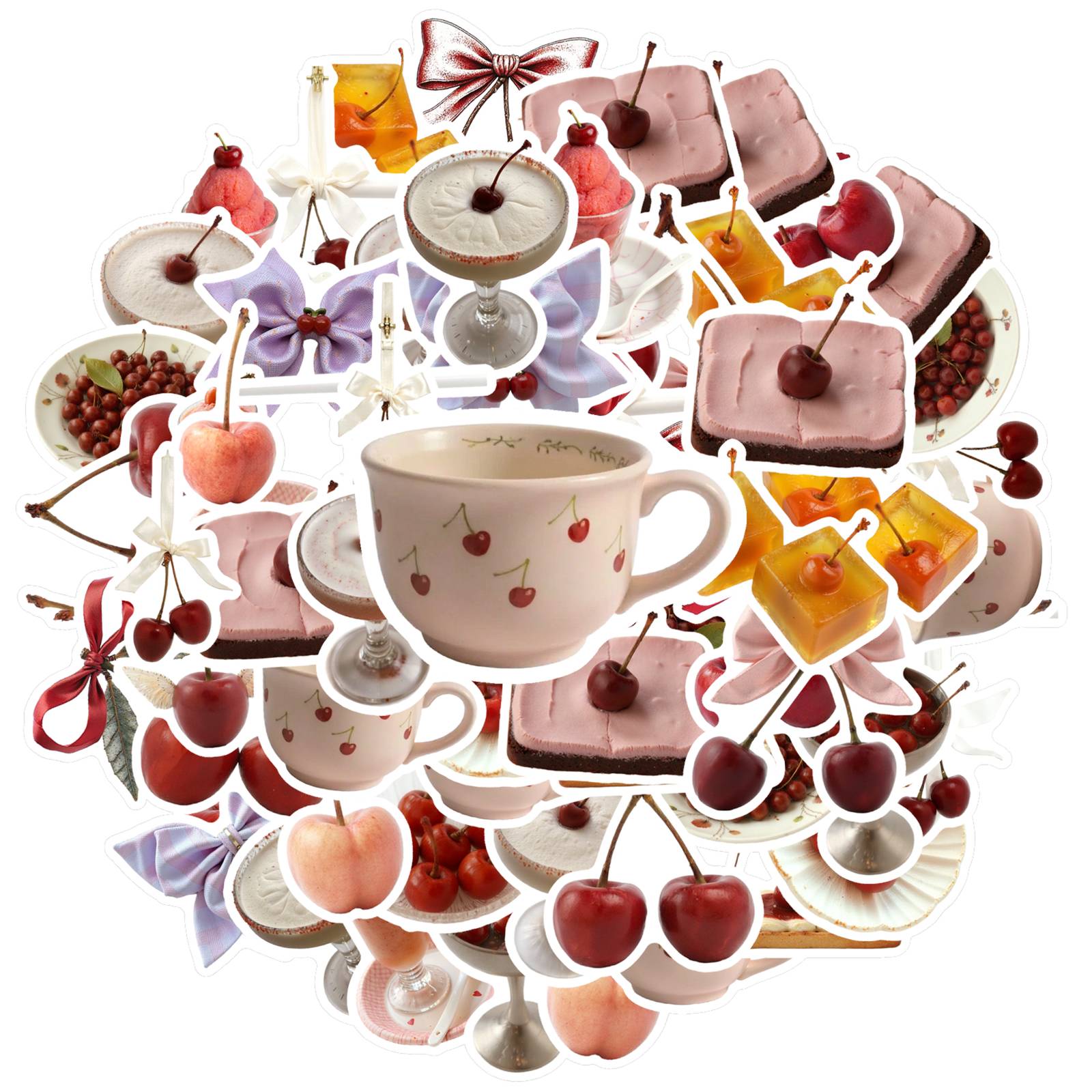 35pcs-50pcs Whimsical Dessert Stickers Retro Cherry Stationery Stickers Stickers For DIY Phone Guitar Laptop Notebook