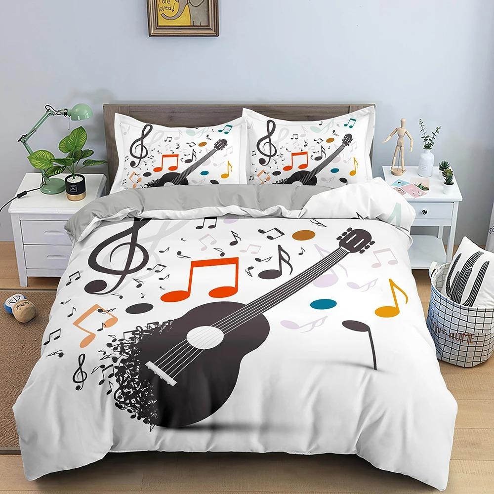Guitar Soft Duvet Cover Twin King Rock Music Note Warm Comforter Cover Microfiber Grunge Style Electric Guitar Beding Set For Children Kids Ten