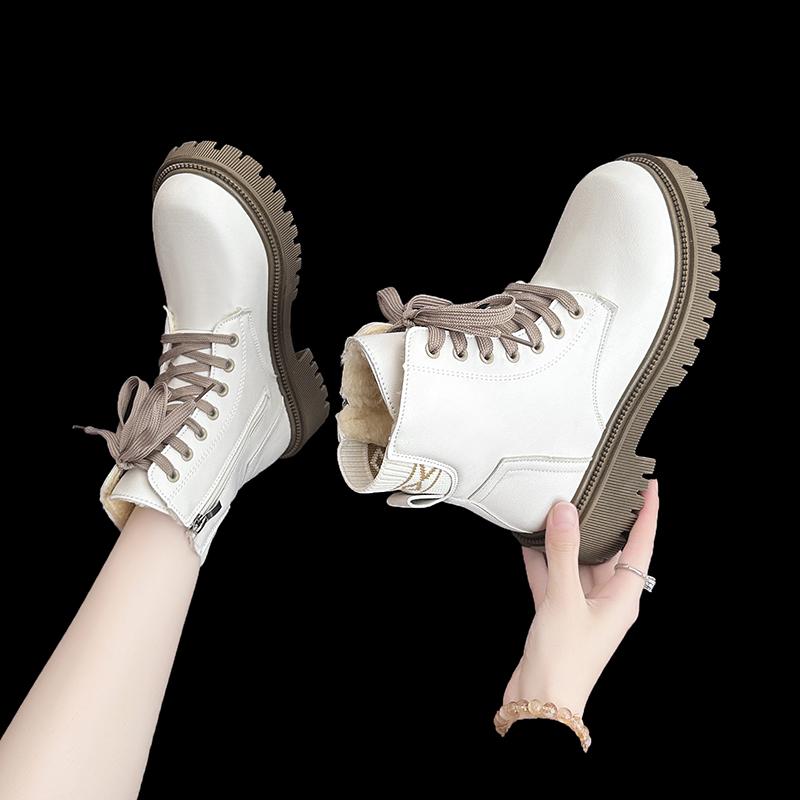 2025 New Fashion Thick Sole Women's Boots Large Size Women's Shoes Black Keep Warm Fleece Platform Lace-up Ankle Boots 4875