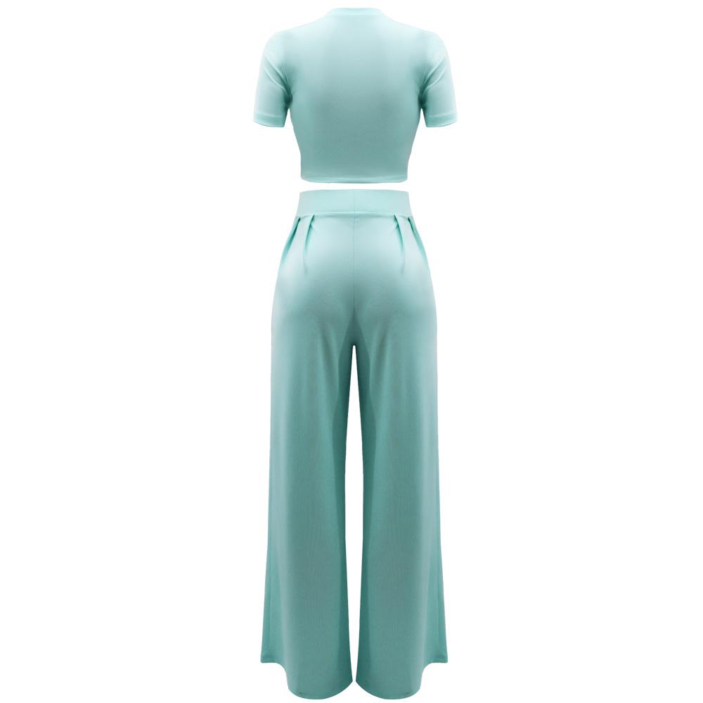 Crop Top & High Waist Loose Straight Leg Pants Set – Solid Color