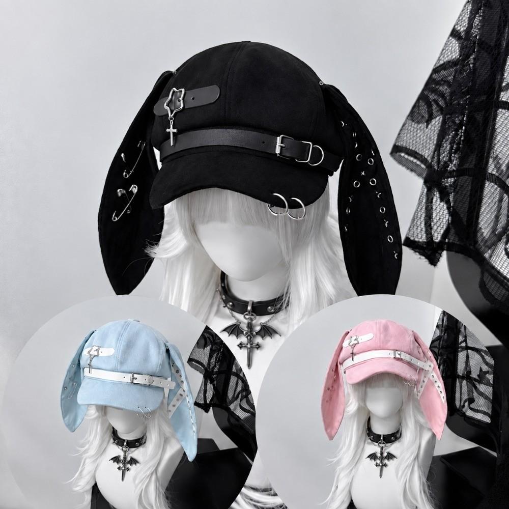Rivet Buckle Long Rabbit Ears Beret Solid Color Chic Octagonal Hat Gothic Punk Hat for Girls