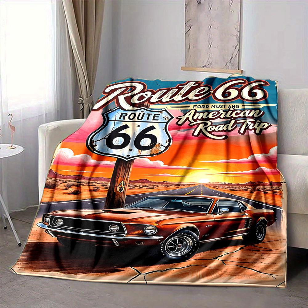 1 Stück Route 66 Flanelldecke [Gemütliche Überwurfdecke] Für Sofa, Bett, Reisen, Camping, Wohnzimmer, Büro, Couch, Stuhl Und Bett