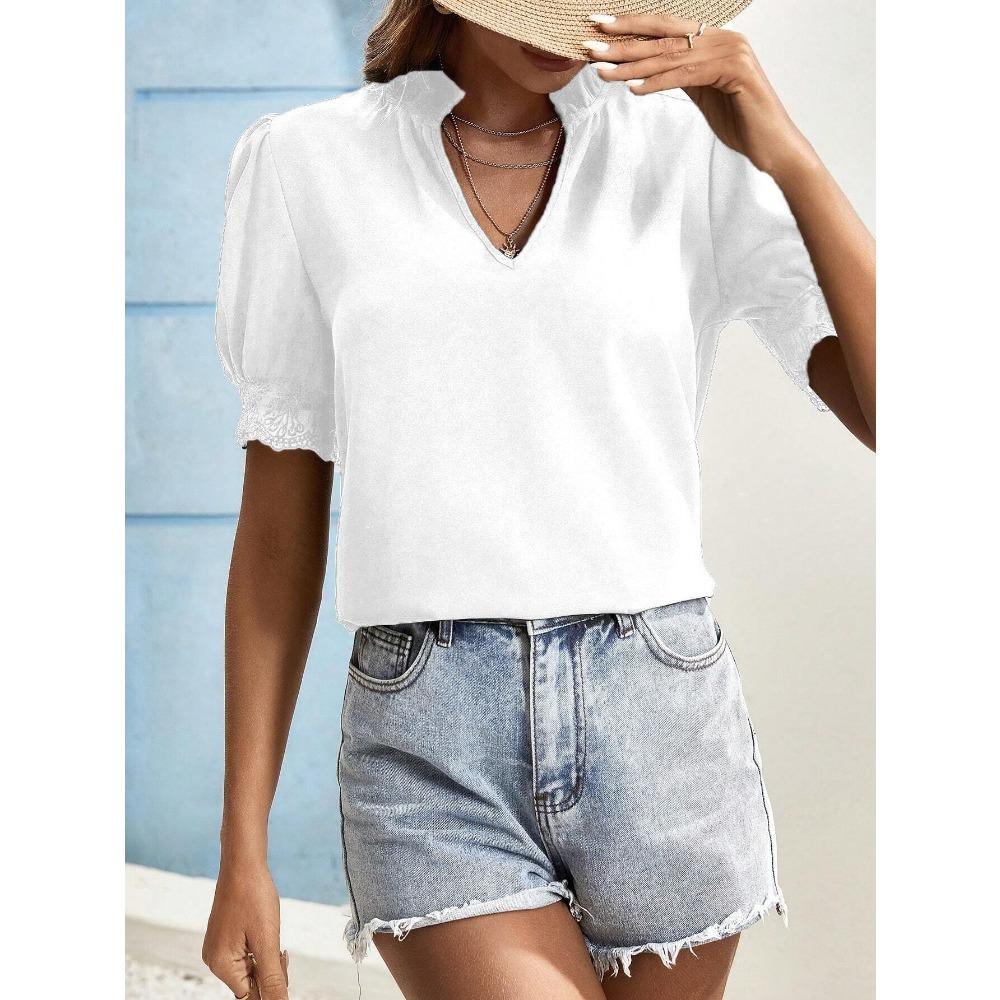 Women's Short-sleeved Tops Summer New Fashion T-shirt Versatile V-neck Shirt Lantern Sleeve Splicing Lace Blouse