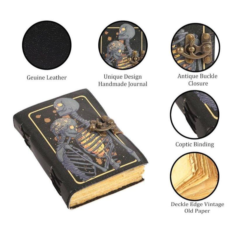 Livre de sorts Grimoire Journal imprimé The Lovers Tarot Notebook Spiral Gothic Notebook Skull amant Antique Journals cadeaux pour hommes ou femmes