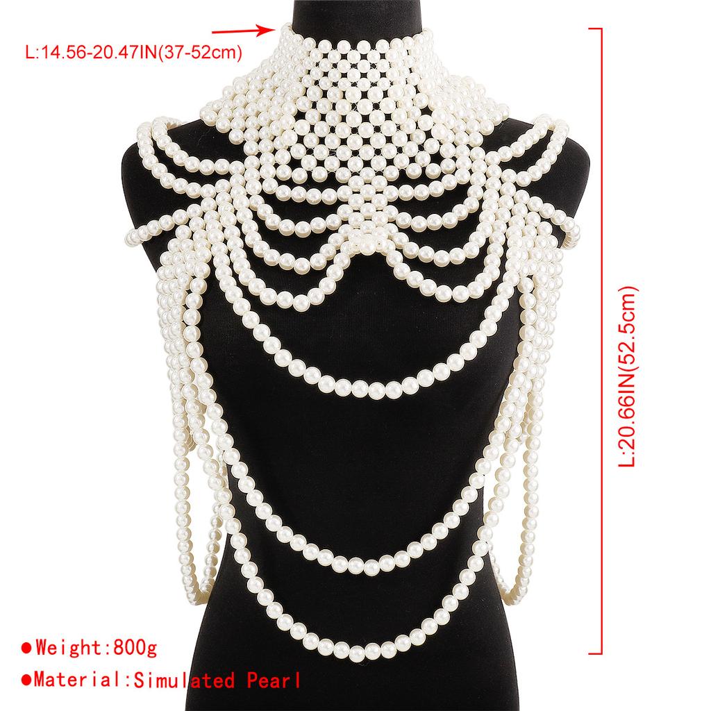Vintage Multi Layer Pearl Body Chain For Women Heavy Duty Beaded Woven Exaggerated Retro Neck Jewelry