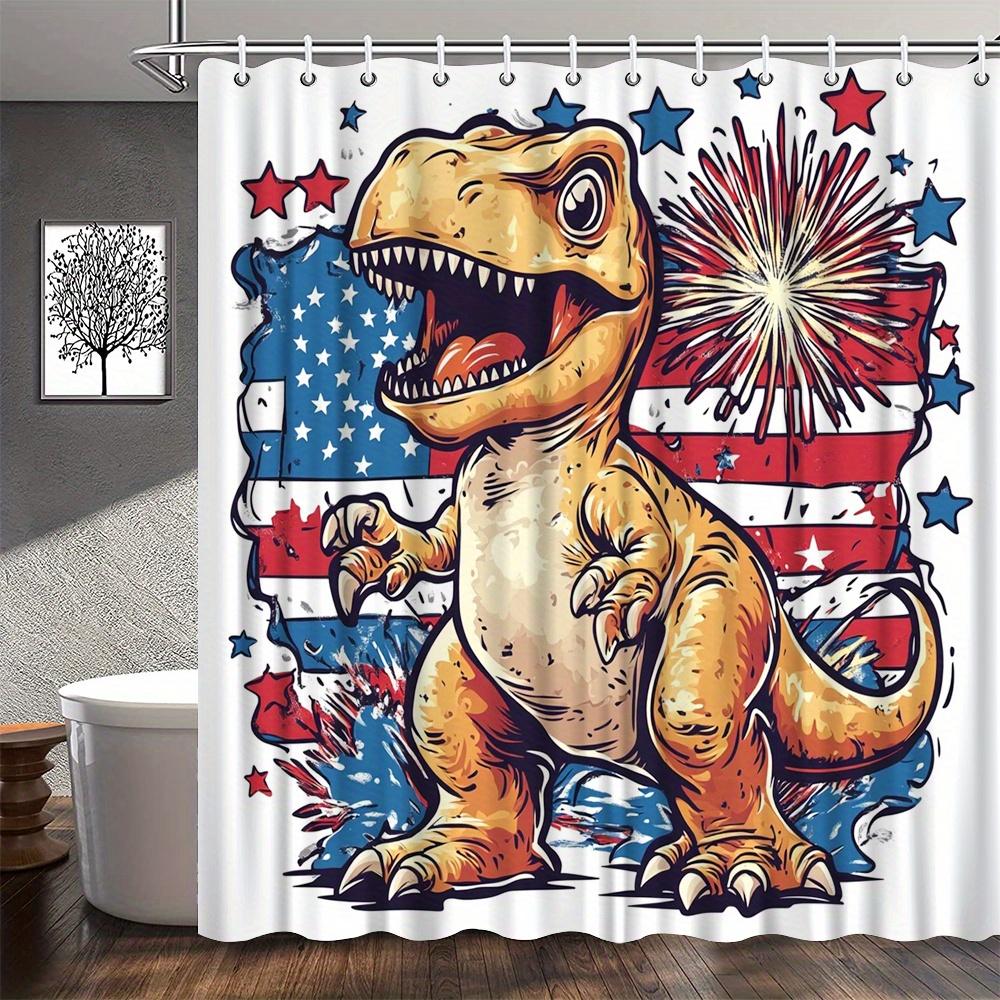 

1Pc Patriotic Dinosaur Shower Curtain, 4Th Of July Stars Stripes Fireworks Design, Polyester Fabric, 12 Hooks, 70X70 Inches, W60H190(CM)-1 Pcs