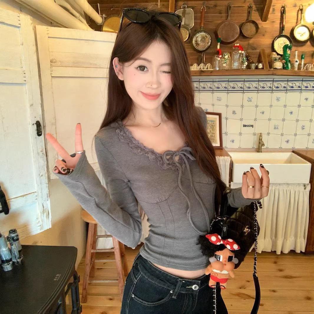 

Sweet Spicy Lace-Up Flannel T-Shirt with Fleece Slimming Base Layer Medium серый