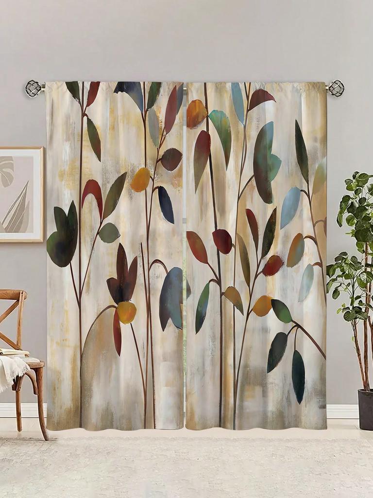 2pcs Watercolor Plant Leaves Curtains  Without Holes Curtain   Refer To Bedroom Office Kitchen Living Room Study Home Decor