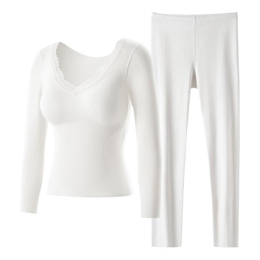 With Chest Pad Women Thermal Underwear Lace Solid Color Warm Long Tops Pants Set Body-Shaping Soft Slimming Underwear Underwear