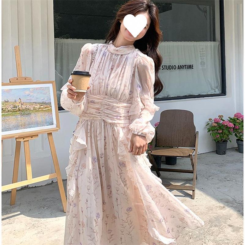 French Floral Dress Chiffon Long Dress Long Sleeve Skirt Autumn Senior Wear Dress Women's New Gentle Wind