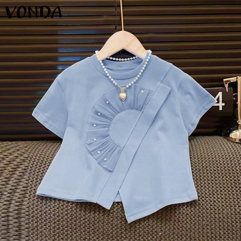 VONDA Women Summer Round Neck Short Sleeve Pearl Decorated Blouses