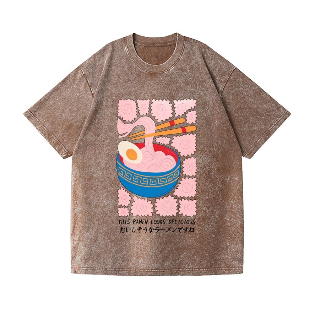 Vintage Cotton Washed T-Shirt Fashion Ramen Printed Summer Dropped Shoulder Harajuku Sports Tees Oversized Crew Neck Tunics