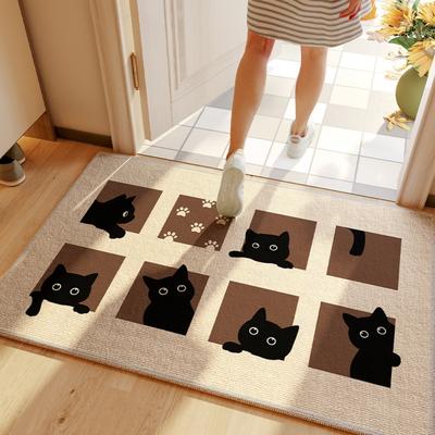 Tapis d'entrée Dessin animé Chat noir Carré Tapis de sol Entrée Antidérapant Absorbant l'eau Facile à nettoyer Paillasson Décoration de maison