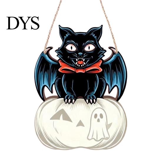 Autumn Theme Wall Ornament Halloween Wooden Door Hanging Sign, Black Cat Bat Pumpkin Plaque with Creative Holiday Party Supplies Jute Rope, Farmhouse