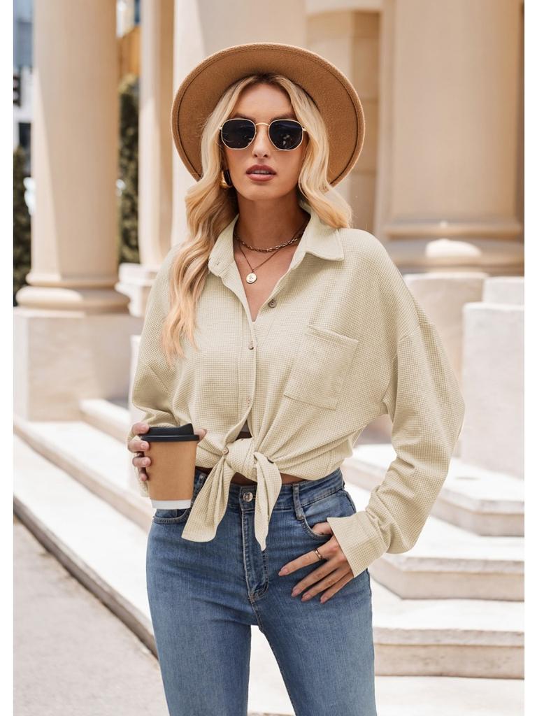 Single Breasted Pocket Waffle Fashion Shirt 2023 Women's Autumn and Winter New European and American Casual Loose Tops