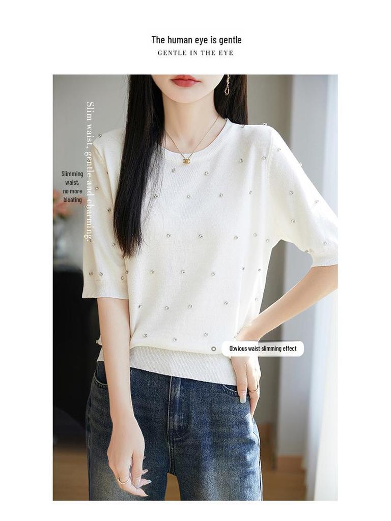 Damski zakrzywiony sweter dzianinowy z okrągłym dekoltem zdobionym koralikami - Krótki rękaw, wysokiej klasy letni top