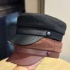 Retro PU Leather Autumn and Winter Woolen Hat for Women British Flat Top Cap Octagonal Hat for Cultural Travel