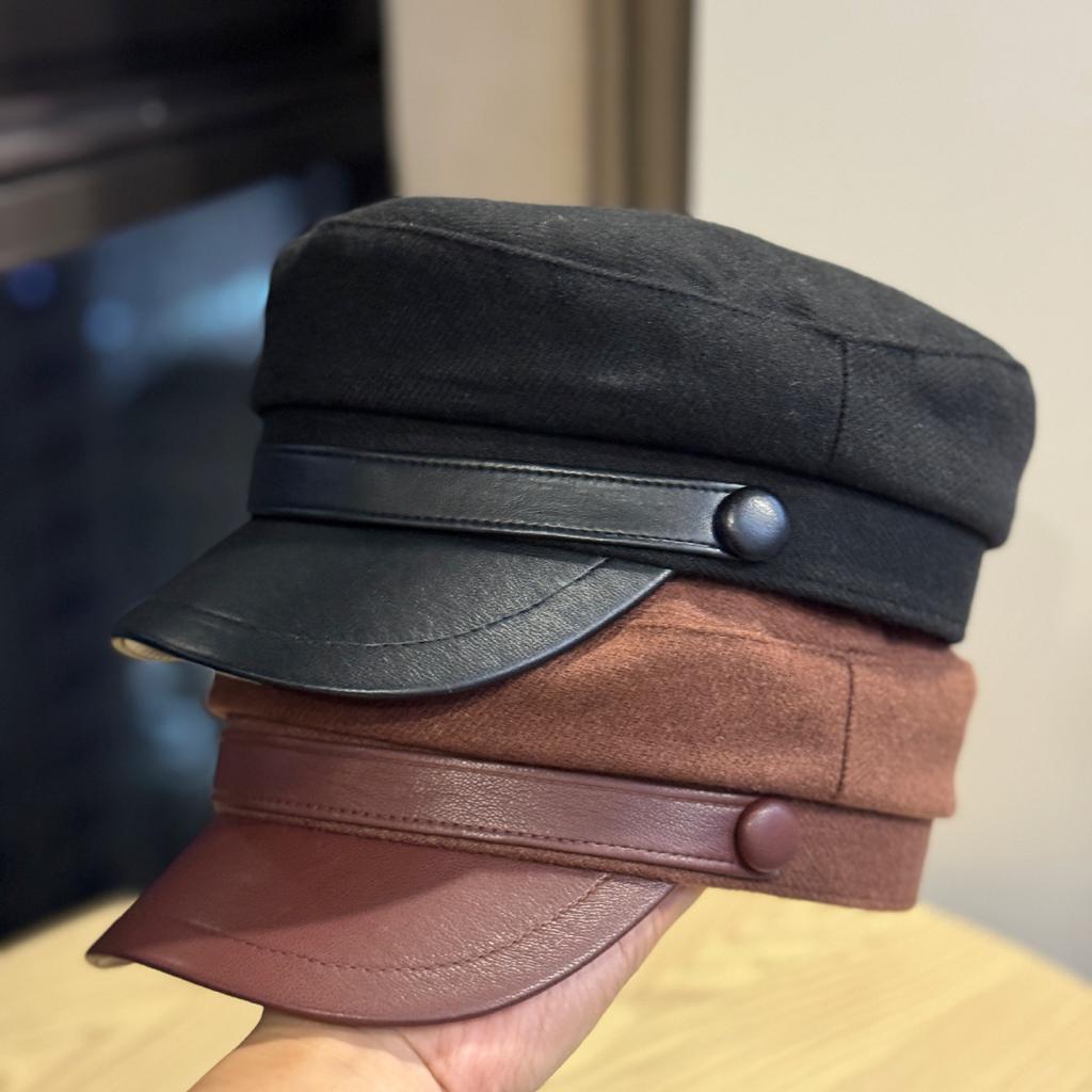 Retro PU Leather Autumn and Winter Woolen Hat for Women British Flat Top Cap Octagonal Hat for Cultural Travel