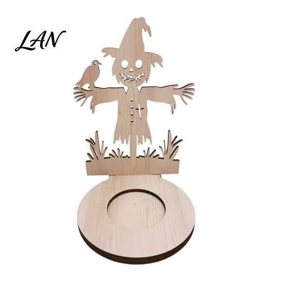 Small Tealight Display Halloween Wooden Candle Holder, Silhouette Ghost/Bat/Scarecrow/Bat Ghost Decor Holder for Home Table Fireplace Black Cat Base