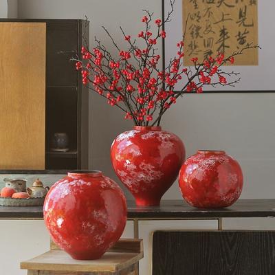 Ceramic Vase Red Chinese-style Retro Can Flower Vase Handmade Porcelain Vase Flowerpot Flower Arrangement Accessories